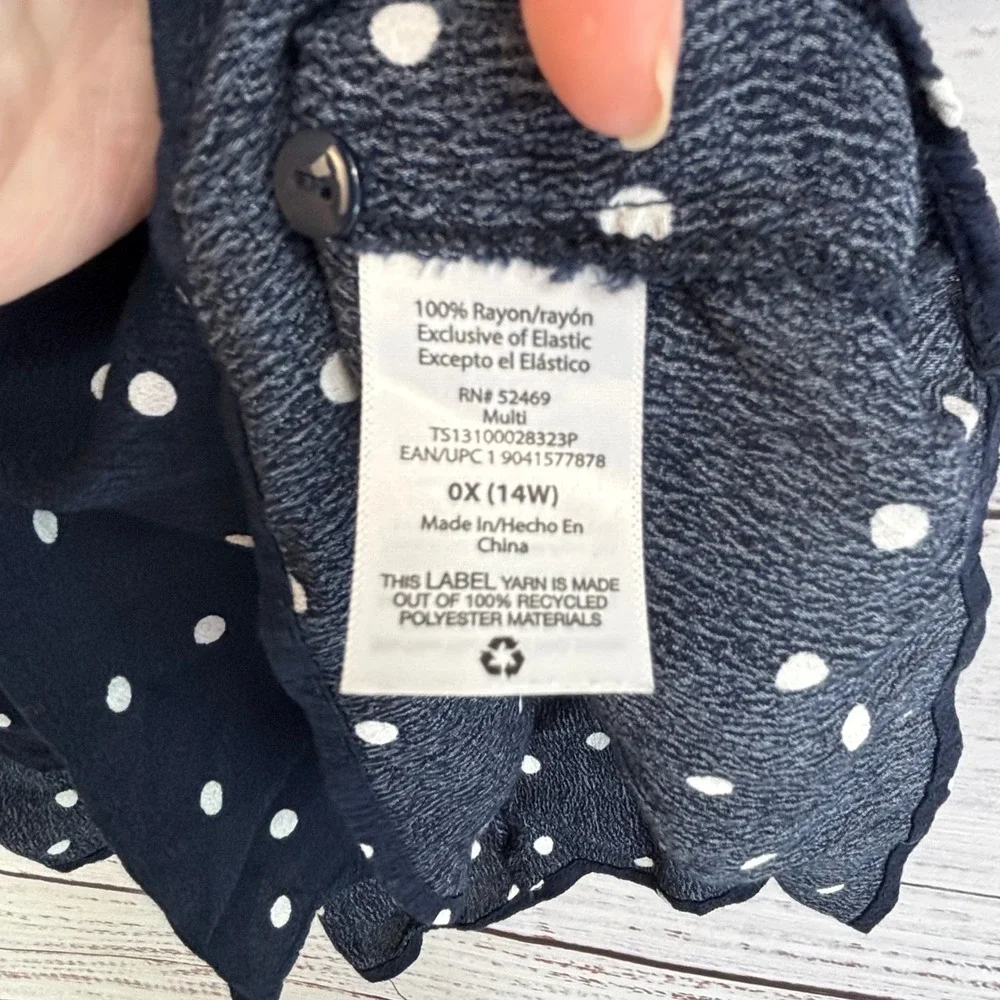 Navy Flowy Polka Dot Smocked Yoke Blouse 0X 14 Crepe Peasant Preppy Retro